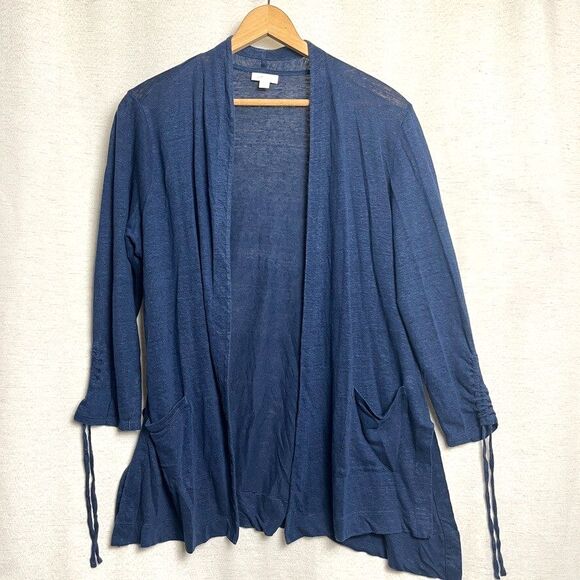 J Jill Love Linen Women’s Sz L Petite Slub Knit Open Cardigan Blue - Picture 1 of 6